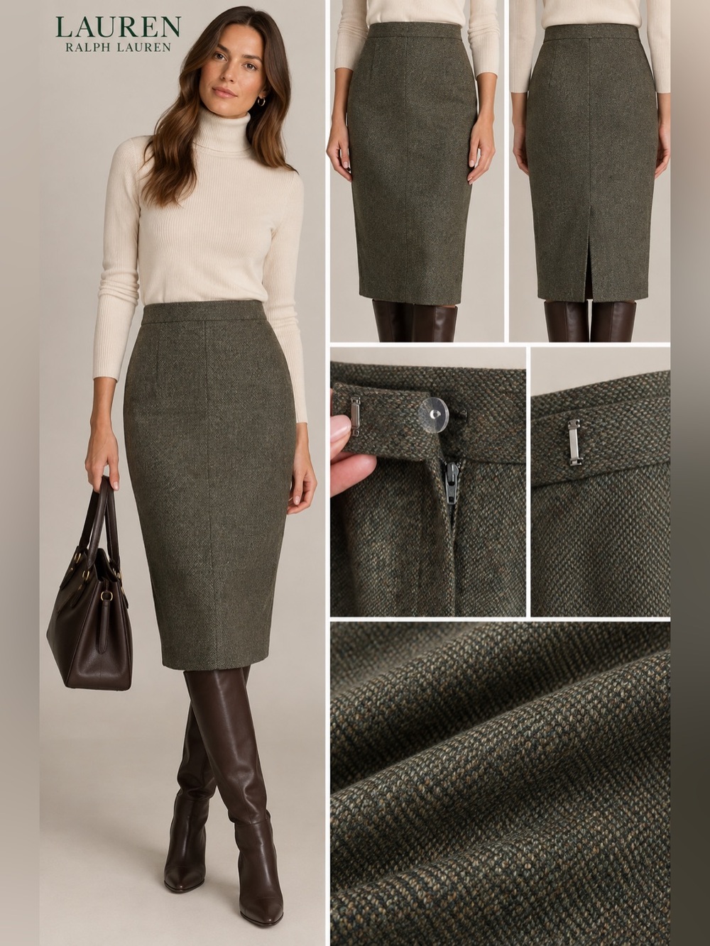 Lauren Ralph Lauren Vintage Lambswool Tweed Pencil Skirt Olive Green Size 8